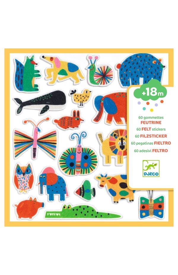 Set 60 stickere din fetru - Animale Vesele, Djeco Set 60 stickere din fetru - Animale Vesele, Djeco