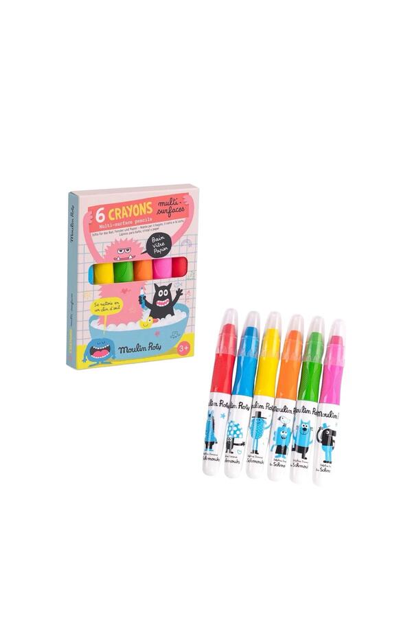 Set 6 creioane multi‑suprafete neon, Moulin Roty