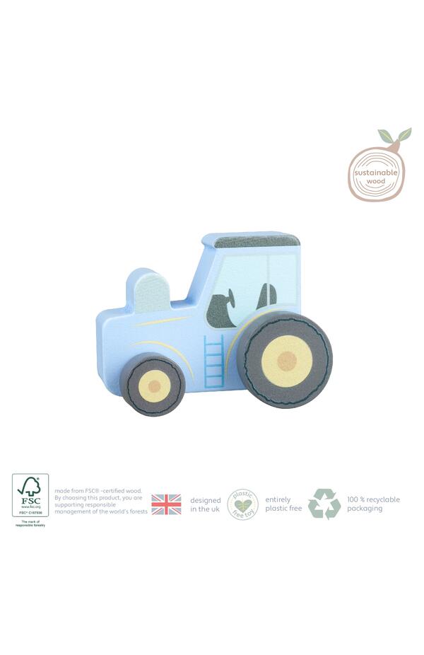 Jucarie de impins Tractor albastru din lemn, Orange Tree Toys
