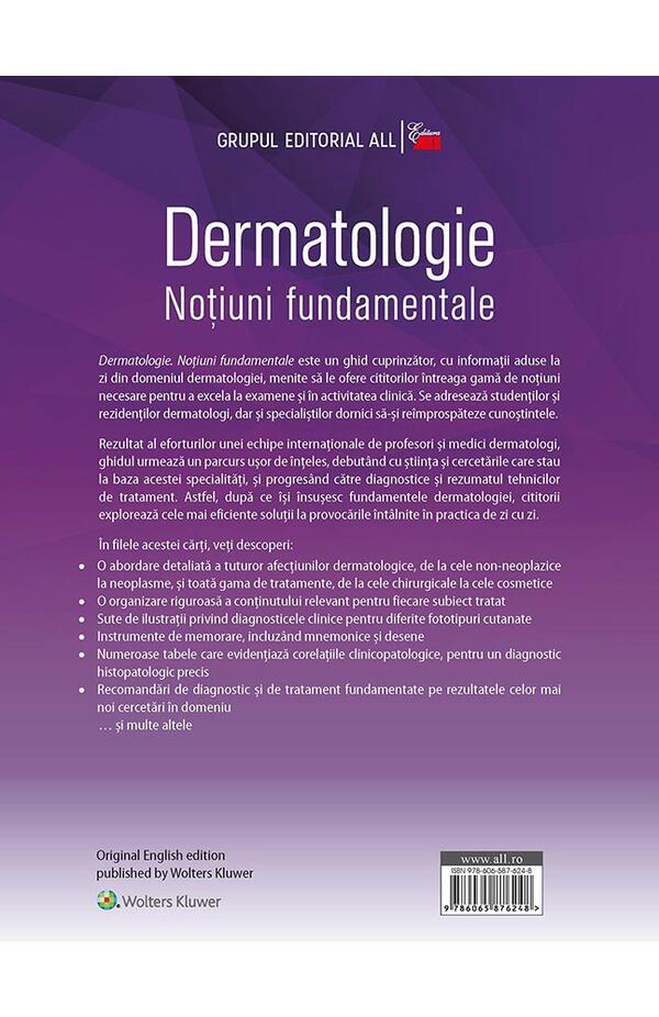 Coperta cărții „Dermatologie. Noțiuni fundamentale” – Ghid introductiv în patologia cutanată pentru studenți la medicină.