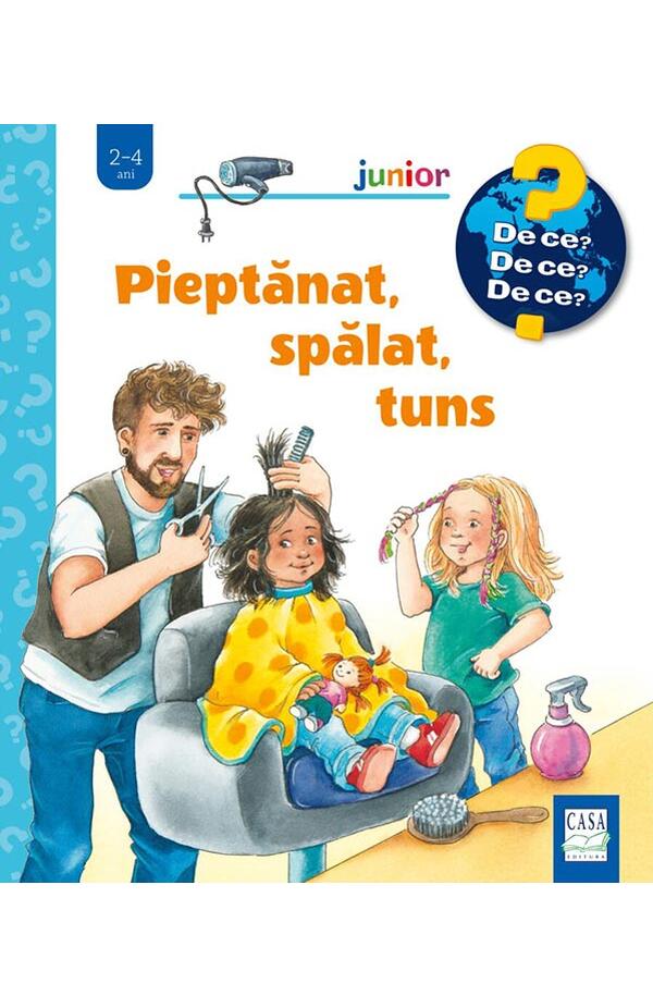 Coperta cărții „Pieptănat, spălat, tuns” de Andrea Erne, ilustrată de Susanne Szesny – rutina de îngrijire a copiilor explicată simplu și amuzant