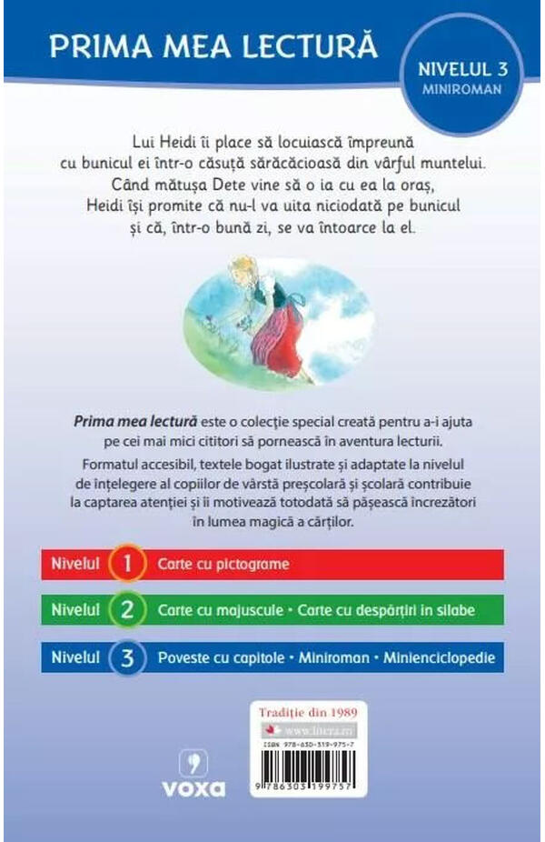 Coperta cărții „Povestea lui Heidi (Nivelul 3 Miniroman)” – adaptare ilustrată a clasicului literar pentru cititori începători